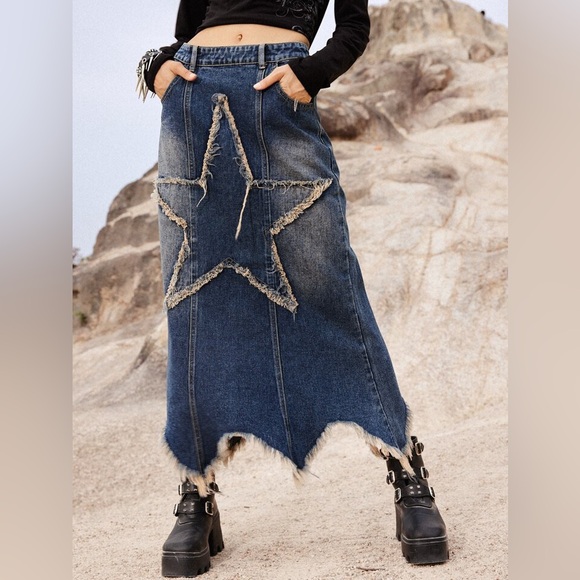 Romwe western country Punk Star Pattern Raw Hem Slant Pocket Denim skirt - Picture 2 of 12